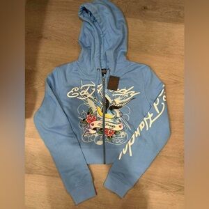 NWT Ed Hardy Baby Blue Sparrow Cropped Zip-Up Hoodie | Y2K Streetwear